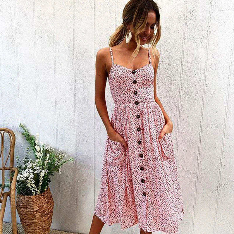 

2019 Women Dress Summer Single Breasted Strap Design Casual Dress Female Trendy Multi-color Print Thin Sling Vestidos De Verano