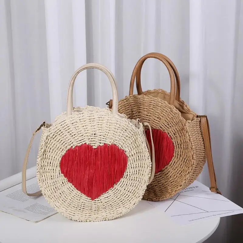 

Love Heart Shoulder Bags Straw Woven Straw Round Retro Women Shoulder Bags Casual Summer Beach Crossbody Messenger Handbags