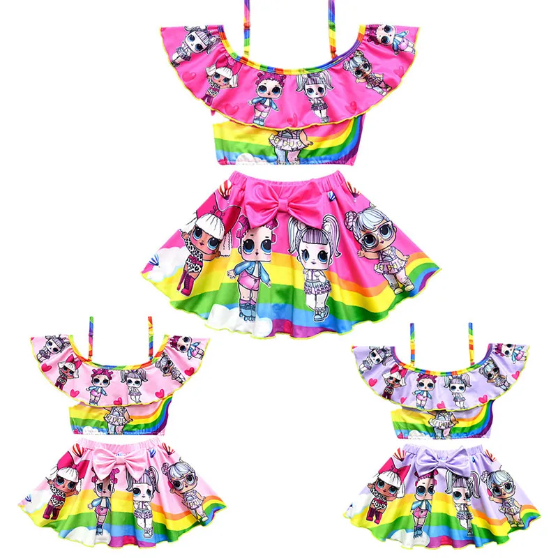 

New Girls Cartoon Pattern Swimsuit Two-piece Kids Anime Cosplay Sling Swimsuit Beach Swimsuit Split Hollow Falbala Bikini Set