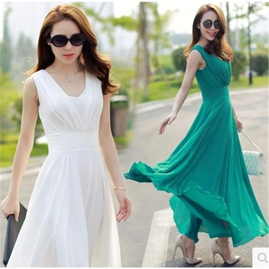 

Summer Dresses Sexy V-neck Sleeveless A-Line Chiffon Beach Party Dresses Elegant Women High Waist Vestidos Robe Femme Plus Size