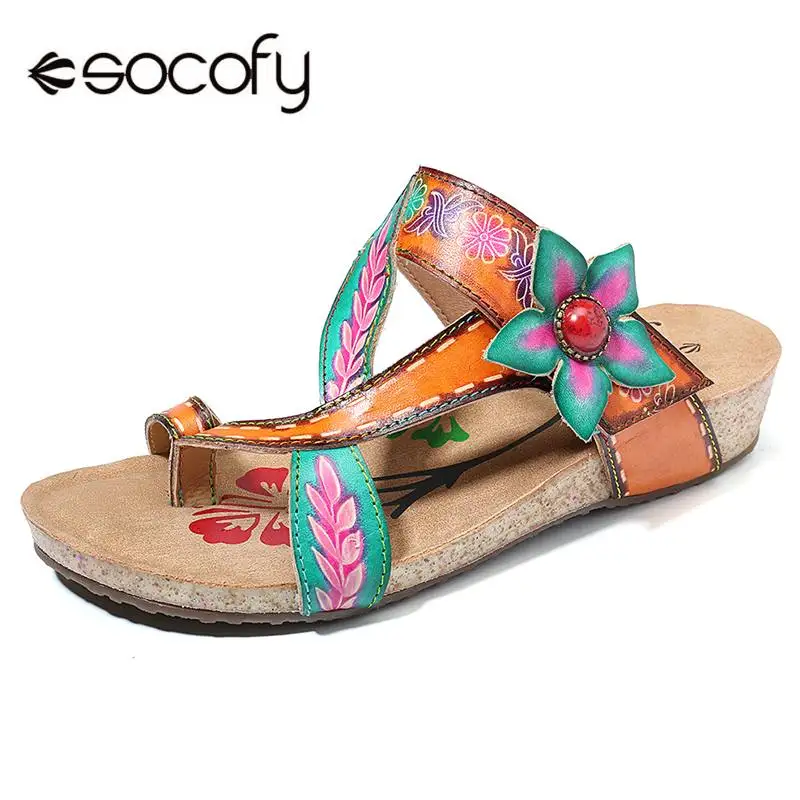  SOCOFY Hand Painted Genuine Leather Splicing Retro Gems Floral Adjustable Hook Loop Sandals Summer 
