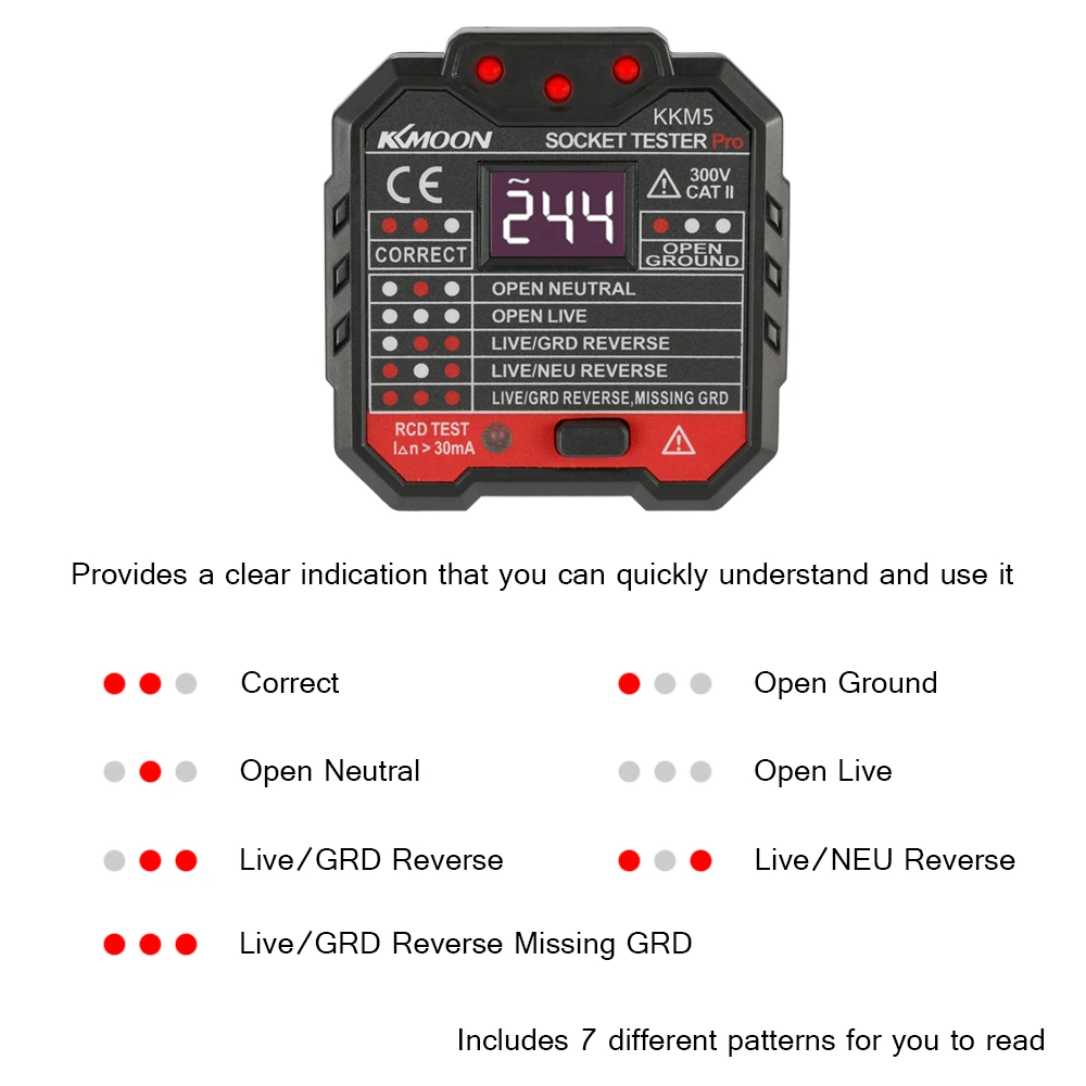 KKmoon KKM5 цифровой дисплей Розетка детектор цепи полярности напряжение тест er настенный выключатель Finder RCD тест ЕС/США/Великобритания штекер