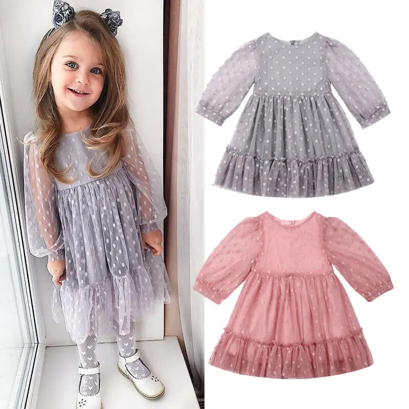 

2019 Children Summer Clothing 1-7Y Toddler Kid Baby Girl Dress Long Sleeve Lace Floral Party Pageant Tull Tutu Polka Dots Dress