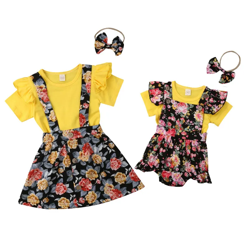 

Flower Kids Baby Girls Clothing Set Flower Tops T-shirt Little Sister Strap Romper Big Sister Dress Skirt Outfits Girl Clothes