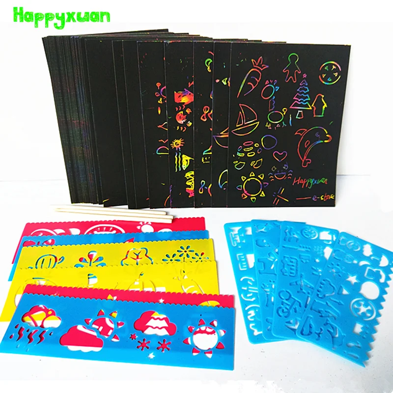 Günstig Happyxuan 50 blätter Magie Farbe Regenbogen Scratch Papier Karte Set mit Graffiti Schablone für Zeichnung DIY Kunst Malerei Spielzeug Kinder