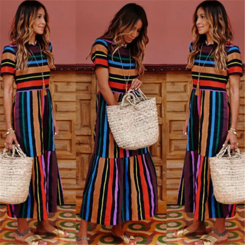 Женское пляжное платье с коротким рукавом Boho повседневное длинное макси для