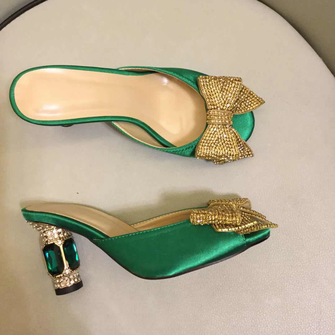 

High quality summer Sandals Women Shoes with Rhinestone Embellished Heel Beautiful Bowtie Slides