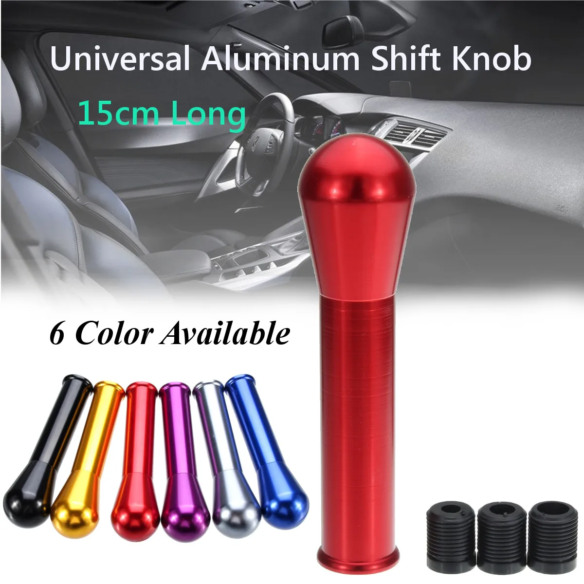 

15cm Car Gear Shift Knob Long Aluminum Manual Gear Stick Shift Knob Shifter Lever & ABS Adapter