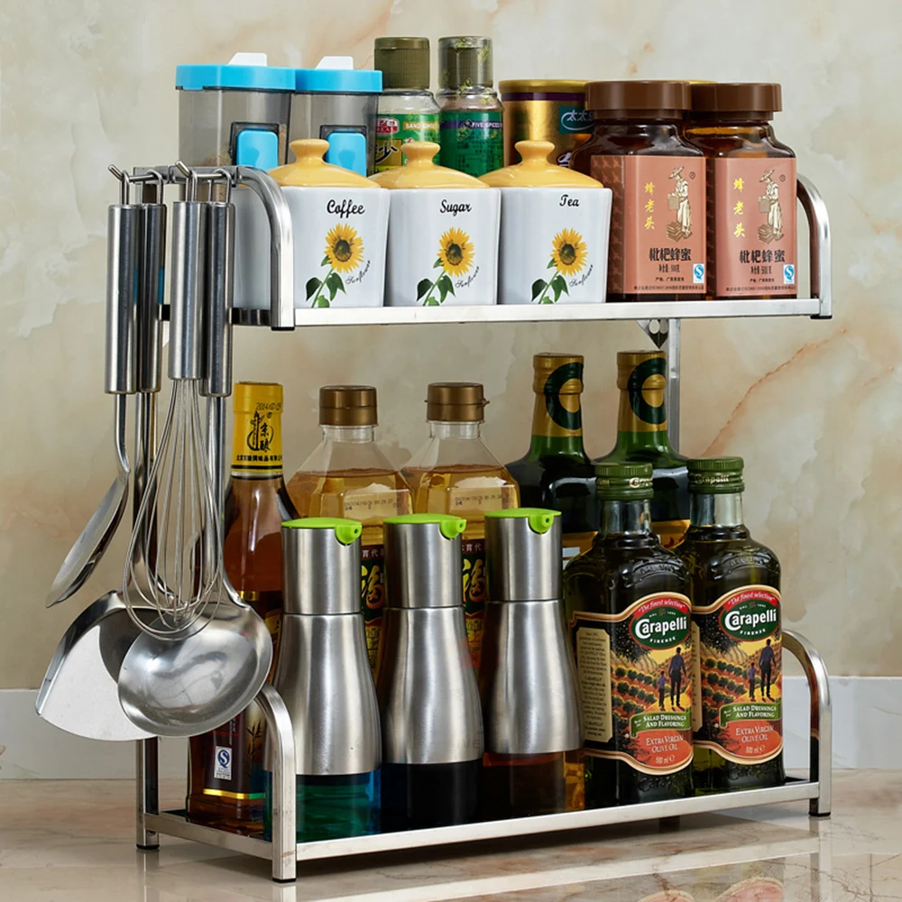 

Kitchen Shelf Stainless Steel Wall-Mounted Kitchen Tool Holder Floor Rack Spice Storage Rack Hanging Hook Household Organizer