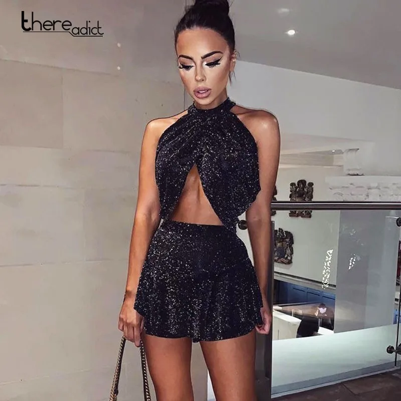 

2019 Sleeveless Shiny Sexy Dress Women Clubwear Party Mini Dress Ruffles Black Dress Bodycon Two Piece Dresses