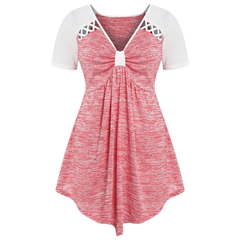 

Trendy Summer Women T-Shirt Casual Tops Female Long Tunic Plus Size Empire Waist Marled T-Shirts Harajuku Rayon V-Neck Tshirt