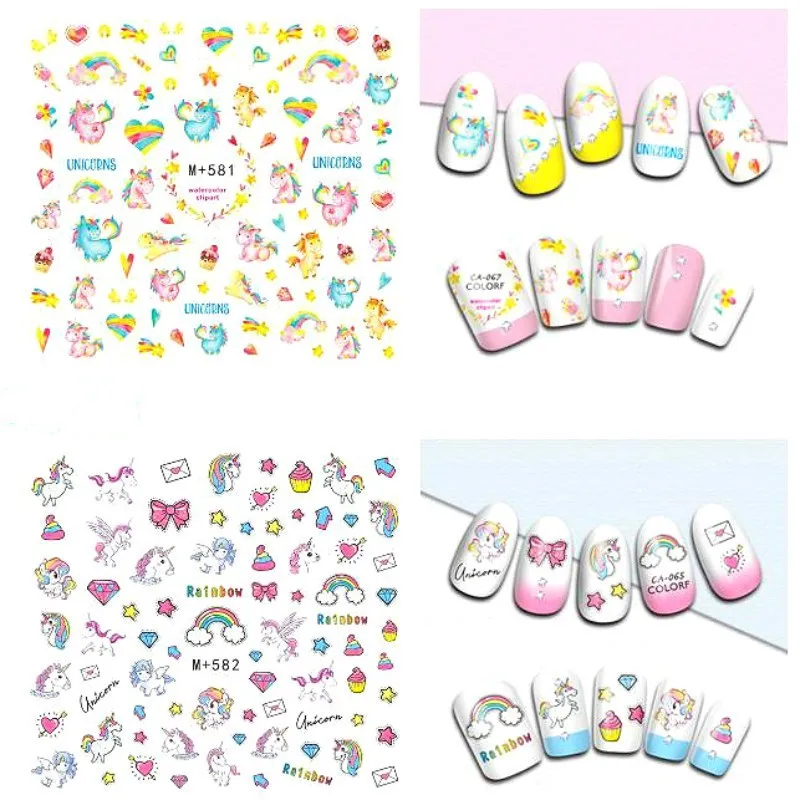 

2Sheets Unicorn Nail Art Stickers Pink Cartoon Nailart Water Decals Manicure Kawaii Japanese 3d Charms Dekors High Quality Paper