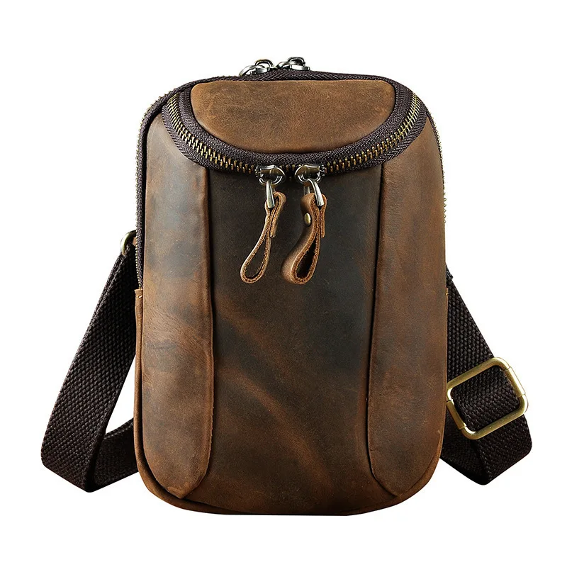 

Retro Mobile Phone Outdoor 7 Inch With Hook Small Pockets Crazy Horse Leather Belt Belt Purse Leather Men Bag Shoulder