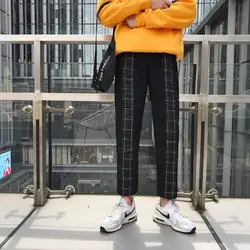 2018 корейские зимние Мужская мода решетки сращивания узор штаны-шаровары эластичный пояс свободные Повседневное черный/серый Цвет брюки M-2XL