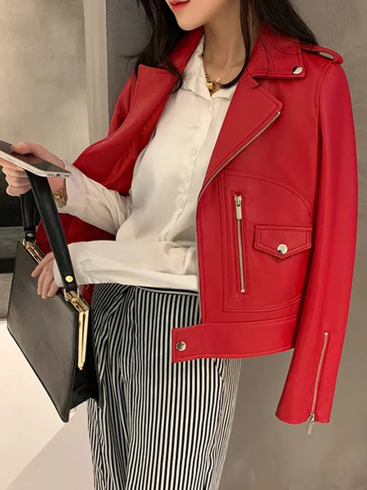 Весенняя Роскошная брендовая Дизайнерская кожаная женская куртка из натуральной овчины черного/Красного/белого цвета
