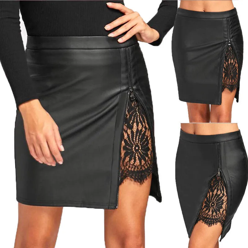 

Hot sale women bodycon pencil skirts PU Leather High Waist fashion Zipper summer fall mini skirt Clubwear lace crochet patchwork