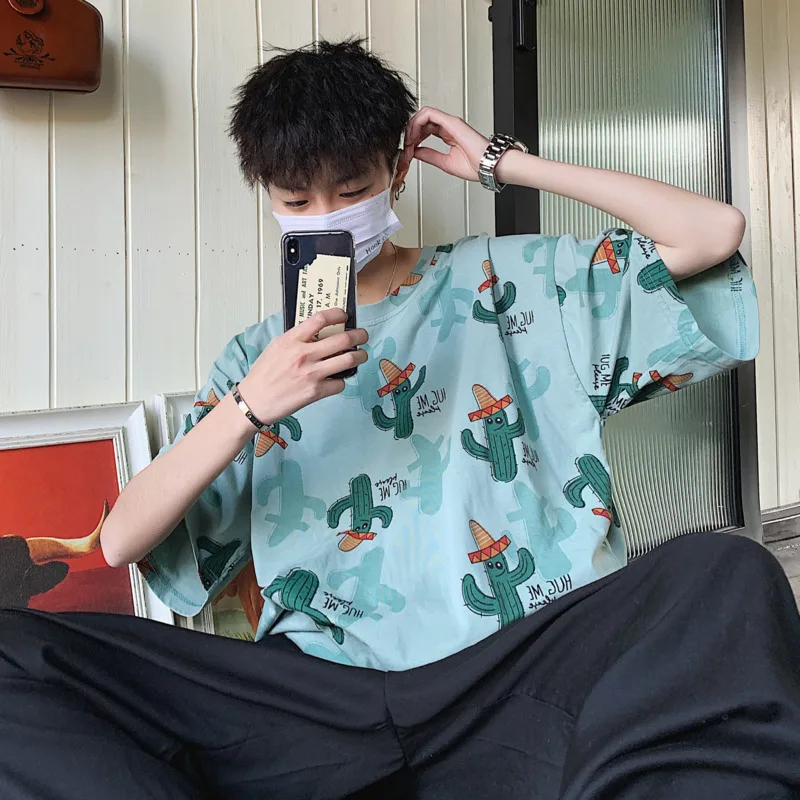 

Men's T shirt 201summer new cartoon printing short sleeve T shirt loose casual seven sleeve personality youth men's wear