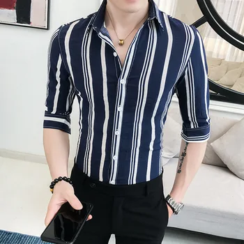 

2019 Men Fashion Mens Shirts Casual Slim Fit Short Sleeve Streetwear Button Down Shirt Striped Shirt Business Tops Blouses