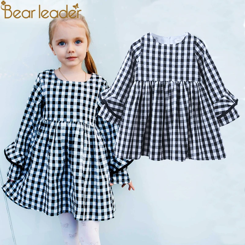Bear leader/платье для девочек; Новинка г.; Весенняя брендовая одежда для девочек с длинными рукавами-лепестками; клетчатая детская одежда для девочек; вечерние платья