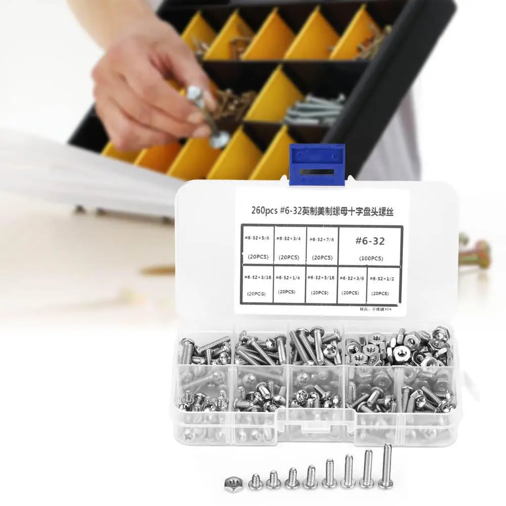 

260pcs /set #6-32 Stainless Steel Cross Pan Head Machine Screws Assortment Kit Screws, Nuts