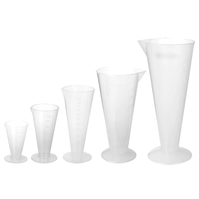 5 x Пластиковые лабораторные конические Градуированные мерные чашки 25 мл + 50 мл + 100 мл + 250 мл + 500 мл