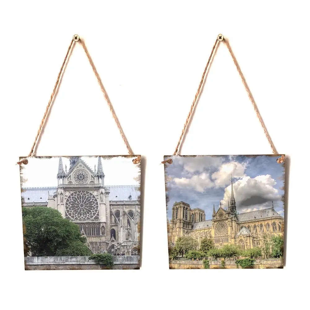 Notre Dame Wooden Hanging Square Home Decoration Crafts Hanging Board 3D Architecture Model Pendant Kit