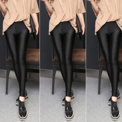Новые модные женские черные однотонные леггинсы блестящие с высокой талией эластичные женские штаны для диско-танцев размера плюс