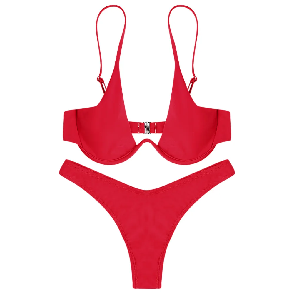 

Gameit Women Swimwear Bikini Set Spaghetti Strap Backless Padded Underwire Solid Color Low Waist Swimsuit Bathing Suit