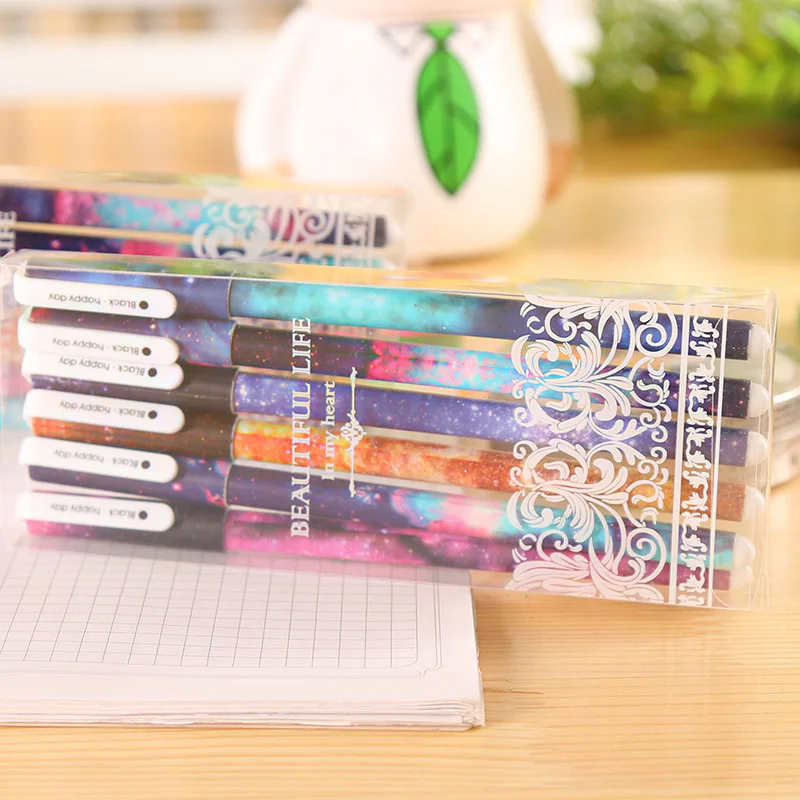 Корейская креативная черная Звездная мультипликационная гелевая ручка, товары для студентов, 0,5 мм игольчатая ручка, 6 шт. в коробке, школьные и офисные подарки