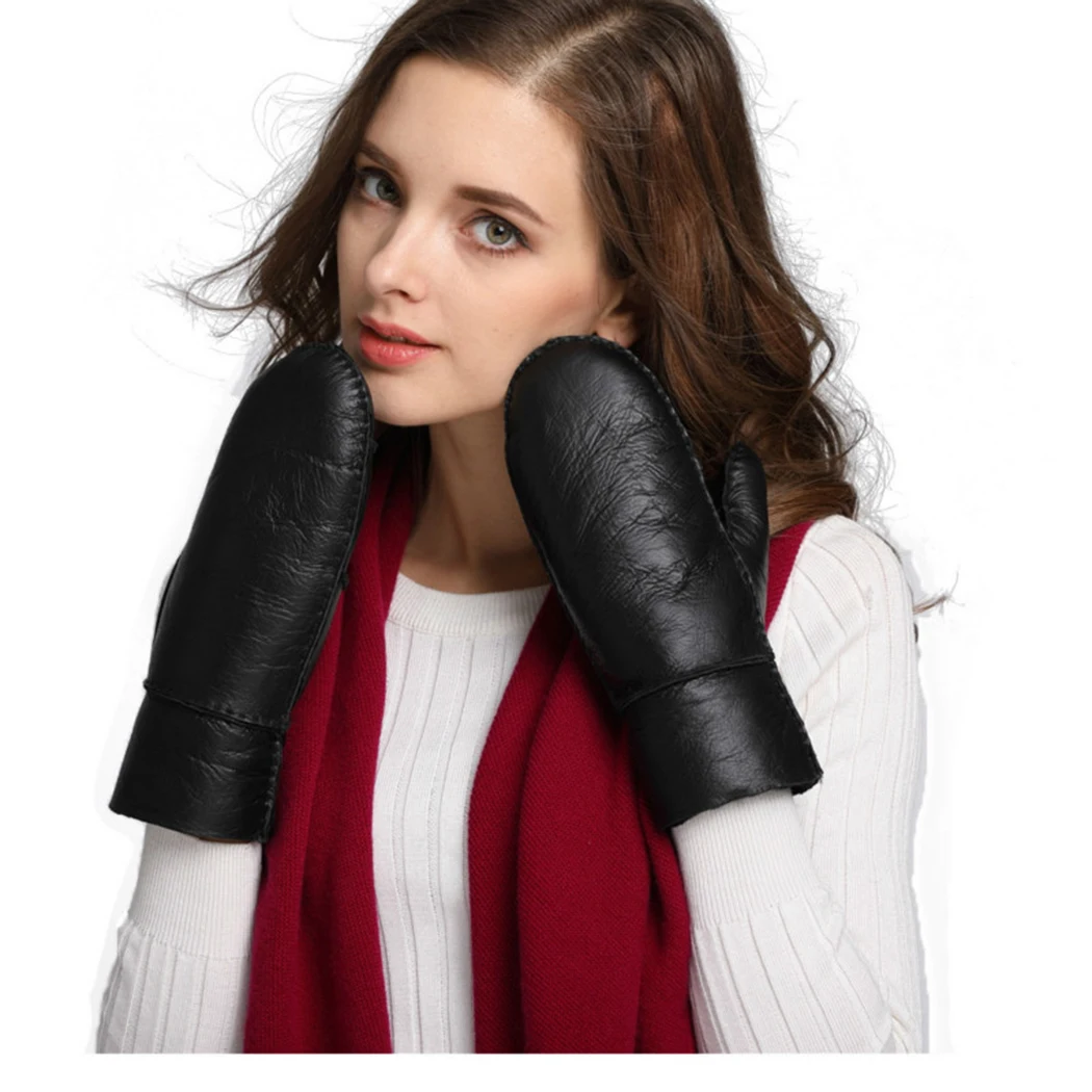 Winter Thicken Warm Women Leather Gloves Fashion Fleece Gloves Mittens