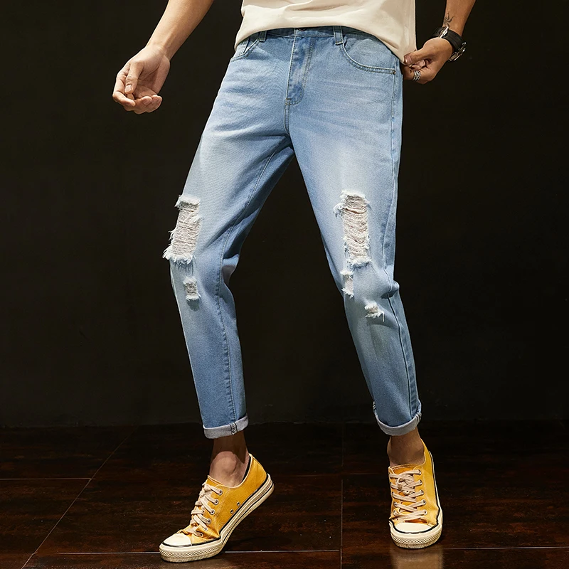 

2019 Spring Summer Original Designed Man Slim Holes Jeans Fashion Stonewashed Men Slim Jeans Young Male Fashion Pants Trousers