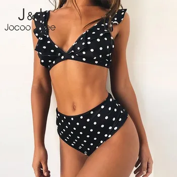 

Jocoo Jolee 2019 New Cute Polka Dot Plaid Print V Neck Bikini Summer Ruffle Tow Piece Sets Beach Wear Fashion Top and pant Sets