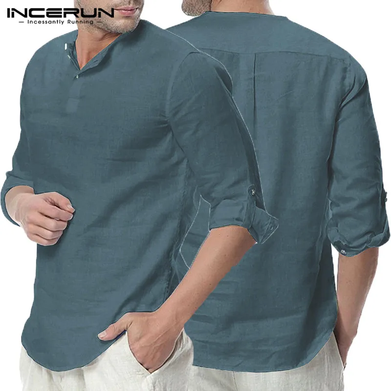 

Comfortable Men Cotton Shirts Long Sleeve V Neck Loose Camisa Hombre Plain Tee Beach Vacation Tops Big 5XL Clothes Tee Tops
