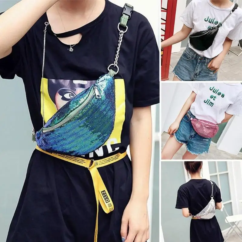 الترتر الكتف الخصر حزم النساء لامعة سلسلة فاني Crossbody أكياس حقيبة ساع بريق صغيرة الصدر حقائب موهير