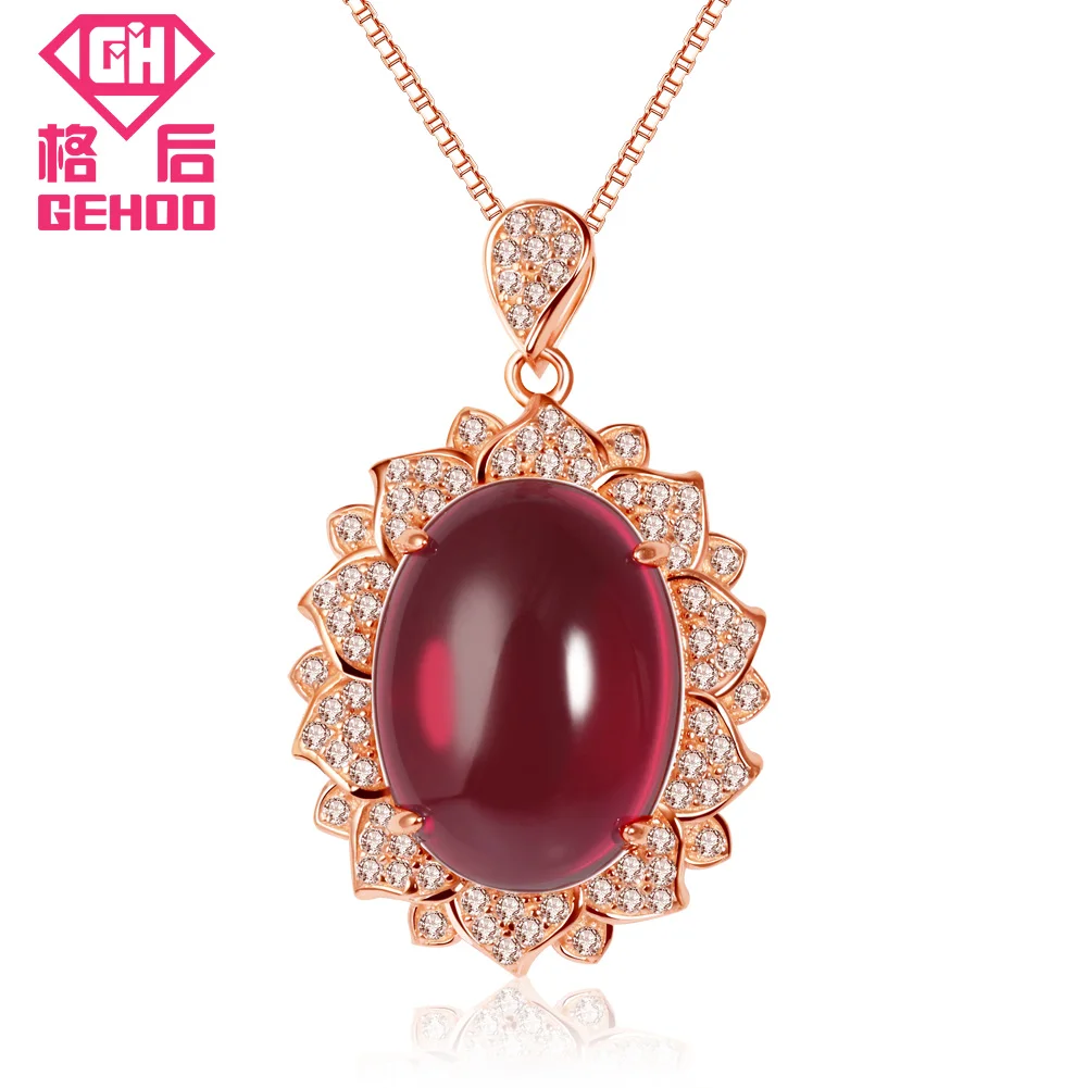 

GEHOO Vintage Ethnic Jewelry AAA Cubic Zirconia Pendant Necklace 925 Sterling Silver Red Ruby Stone Lotus Petals Rose Gold Chain