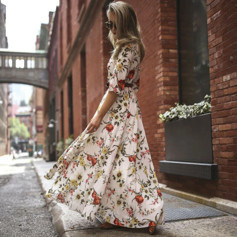 

Women Maxi Boho Dress Floral Summer Beach Dress Evening Party Long Dress