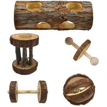 

5 Pcs Natural Wooden Playing Chewing Toys For Small Animal Hamster Gerbil Mouse - Tunnel, Ball, Bell Roller, Dumbbell, Unicycl