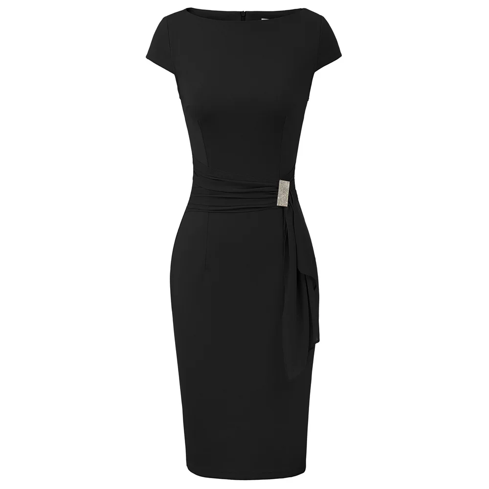 

elegant dress Women office party business lady solid Cap Sleeve Scoop Neck Drape Decor sexy Hips-Wrapped Bodycon Pencil Dress