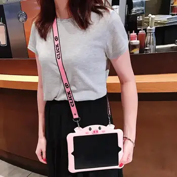 

Cute piggy hide stand For iPad2018 Pro9.7/10.5 Silicone Cover W/lanyard Protective Case Air2 2/3/4 Mini 7.9 Body Shell