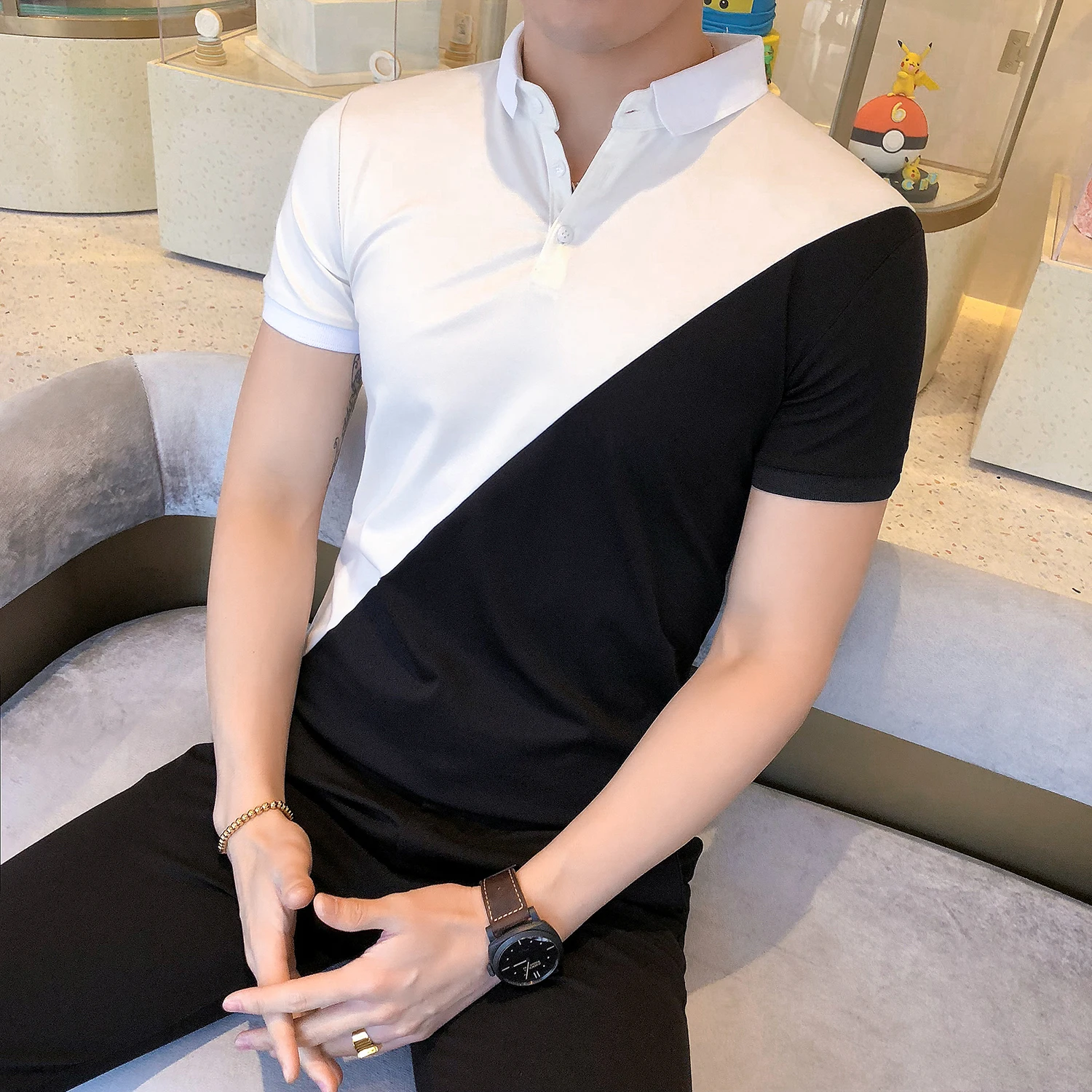 

2019 Summer Leisure Solid Color Patchwork Elasticity Slim Turn Down Collar Polo Homme Short Sleeve Shirt Men Large Size M-3XL