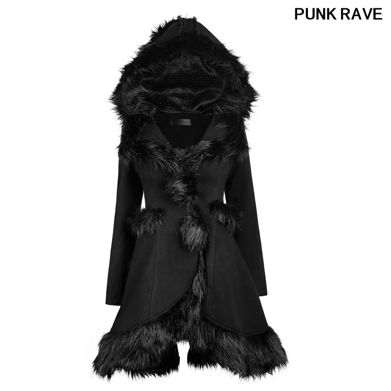 

Gothic Women Fur Hooded Coat Lolita Style Autumn Winter Fashionable Black Warm Cute slim long Jacket Outerwear PUNK RAVE LY-056