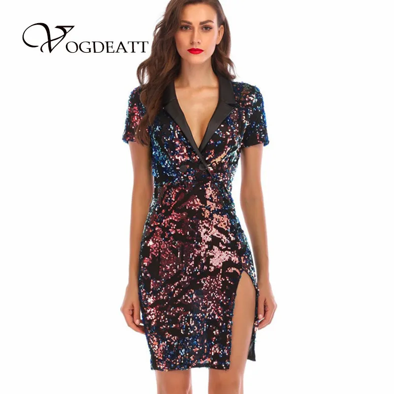 

Sexy Deep V Neck Glitter Sequin Dress Women Fashion Rainbow Vestidos Party Ladies High Split Short Sleeve Knee Length Bodycon