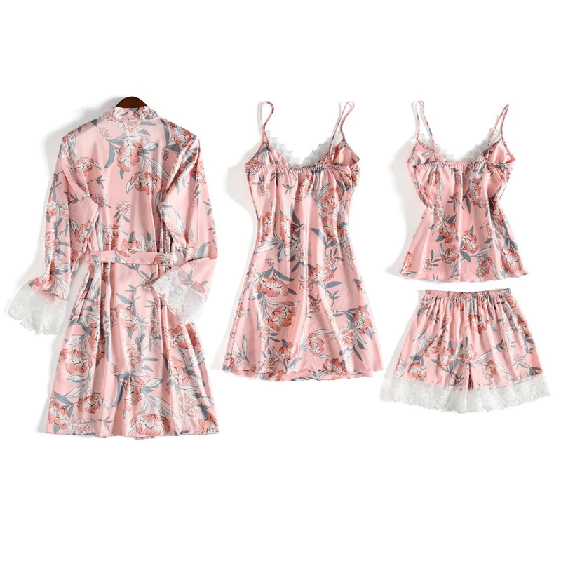 

Women 4 Pieces Nightgown Sets Emulation Silk Print Pajamas Set Sleepwear Sets Spring Summer Autumn Nightdress Homewear #F