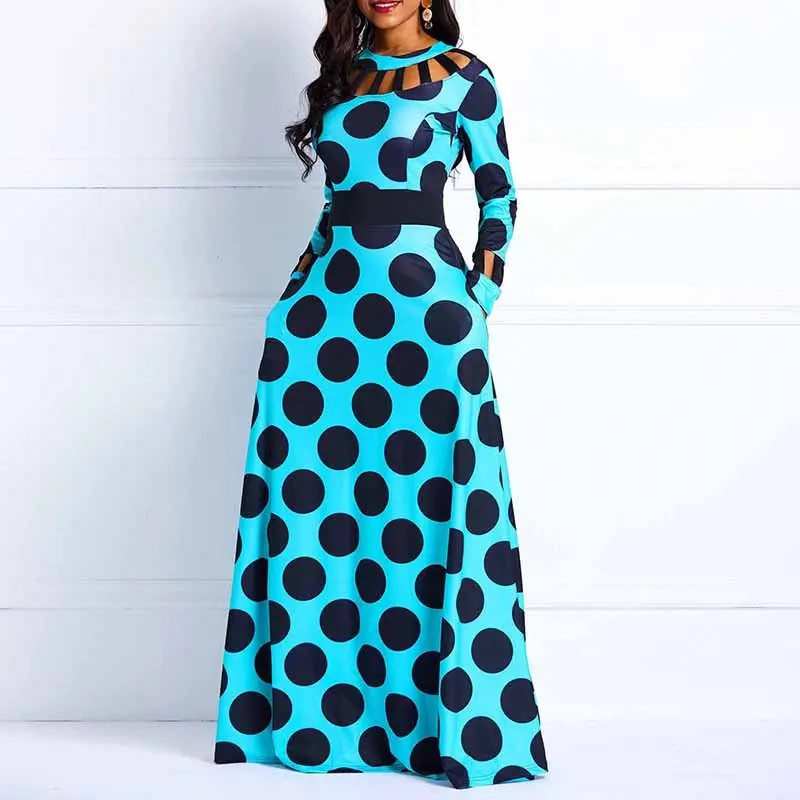 

Wave Point Long Sleeve Contrast Color Maxi Dress