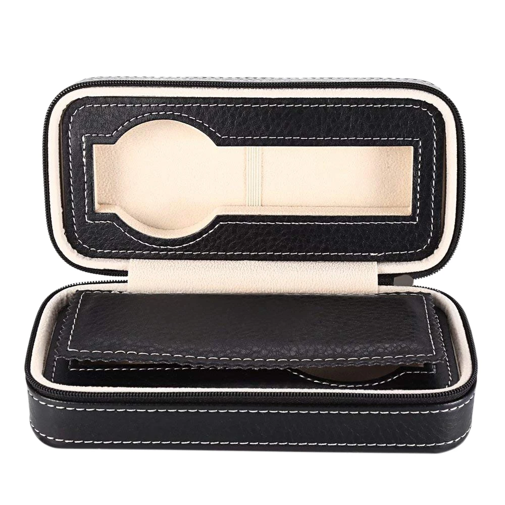 

2 Grids PU Leather Travel Watch Storage Case Zipper Wristwatch Box Organizer