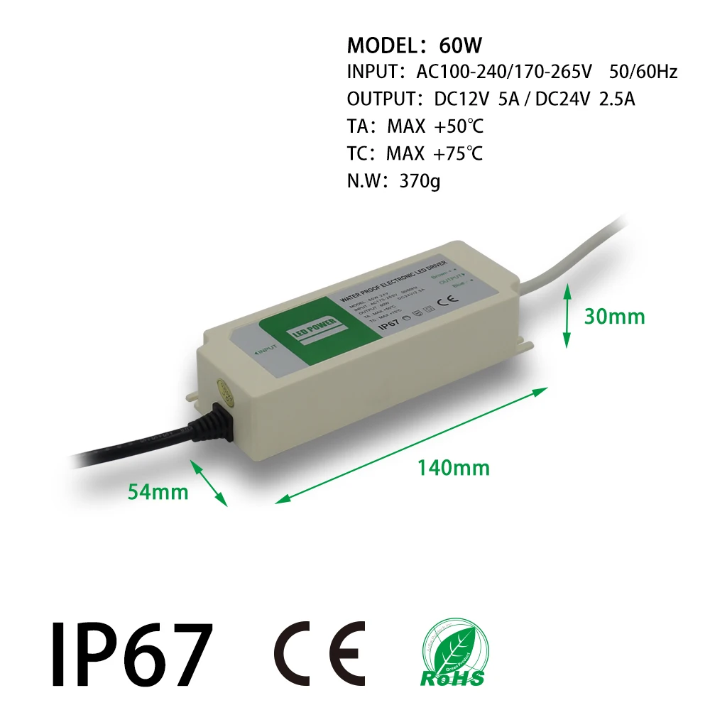 Светодиодные ленты Водонепроницаемый Питание, IP67, DC12/24 V, привод, адаптер трансформатор, для дома и улицы Применение для панели, линейный освещения