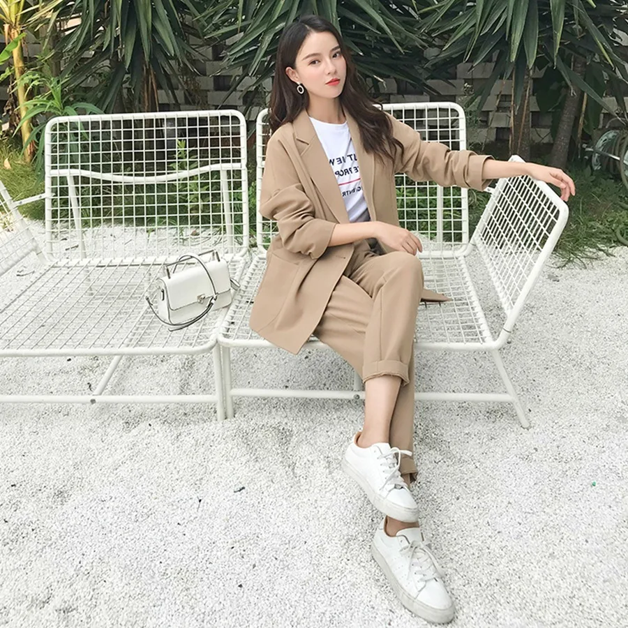 Женский костюм для отдыха Большой Длинный блейзер с высокой талией прямые брюки