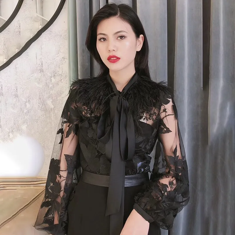 

[MENKAY] Patchwork Feathers Women's Lace Up Lantern Sleeve Transparent Print Pullover Tops Female 2018 Autumn