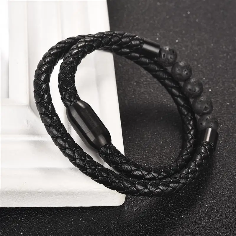 Мужской черный браслет из натуральной кожи натуральный камень тигровый глаз