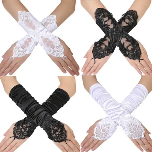 AU Exquisite Bride  Party Dress Fingerless Pearl Satin  Lace Glove